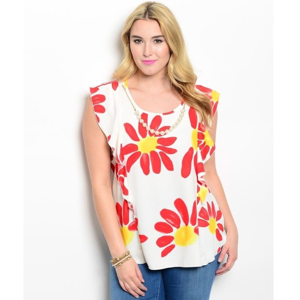 Viva You Ladies White Floral Top Cap-Sleeve W/Necklace Size 3XL  NWOT